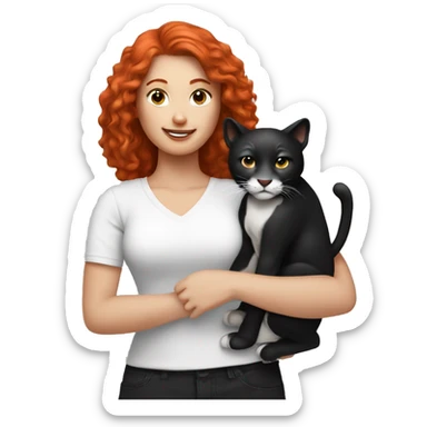 Red haired woman holding 1 black and white super big cat sticker