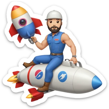 Bald muscular guy with beard and backwards cap, riding rocket, holding Instagram logo, papers trailing behind, minimal style sticker