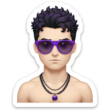 shirtless male athlete with white skin and moderately curly black hair on top with shaved sides, wearing purple sunglasses with very dark heavily tinted black lenses that completely hide the eyes, and a plain black chain necklace sticker