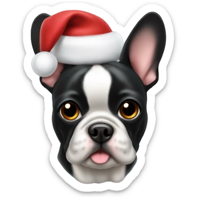 A black Frenchie with a Christmas hat sticker