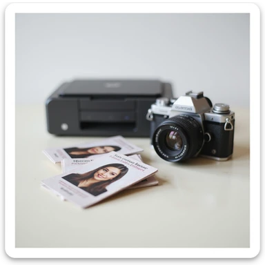 realistic thumbnail image for a passport size photo printing service, showing a stack of passport photos, a camera, and a printer on a clean background sticker