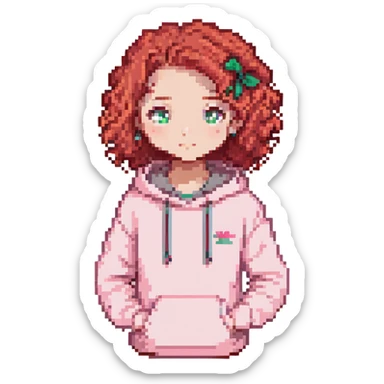 a girl with red curls and a pink hoodie sticker