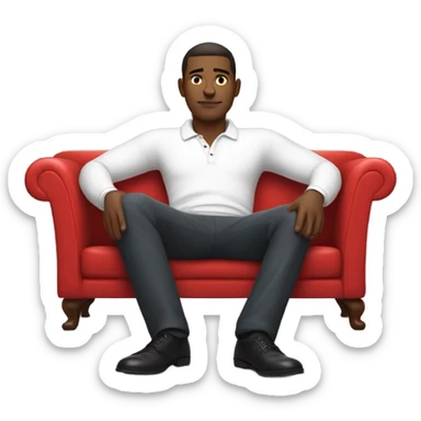 man in psychoanalysis laying down on a red couch in a long sleeve white polo shirt, chest up clean shaven, laying flat across couch, arms at side sticker