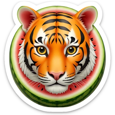A round watermelon with green rind and a realistic tiger head attached to it sticker
