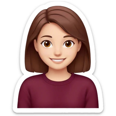 A girl with brown hair smiles, gray-brown eyes, wearing a burgundy sweater sticker