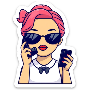Girl with huge lips, sunglasses, bow on her hair, holding a phone with attitude sticker