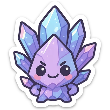 kawaii style emote of a crystal sprite creature, purple, blue, and pink, mischievous expression sticker
