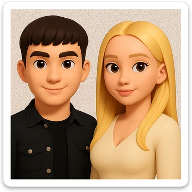 Slightly increase the volume of the upper body of the girl, separate the girl and the boy from each other, and make the skin color the same for both characters. Maintain the cartoonish 3D style as in the reference image. sticker