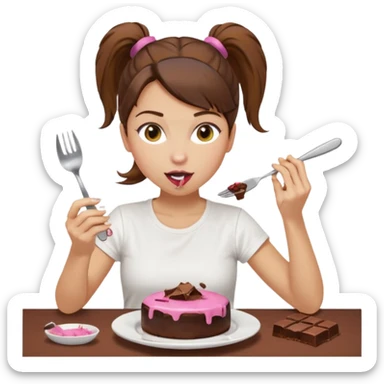 yellow-skinned woman with brown hair in a ponytail, wearing a white T-shirt. She’s sitting at a table, licking chocolate off a knife and holding a 'Banado' jar. On the table: a plate with crumbs, a fork, a glass of dark drink, and a pink lid. Simple brown background. sticker