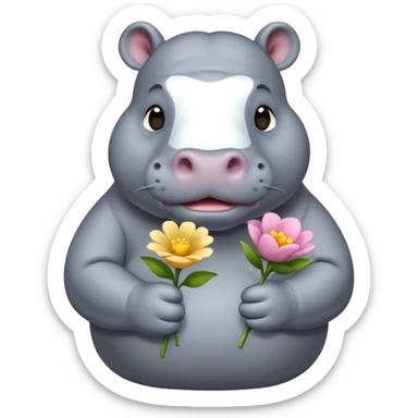 hippo holding flower sticker