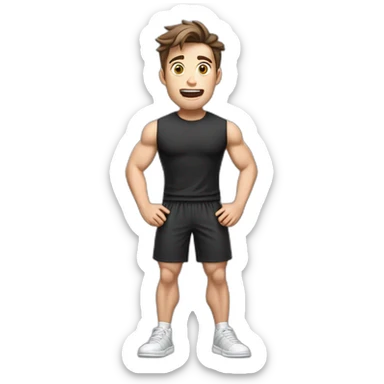 amazed Open with surprise mouth Pale skinned Fit Man With the biceps and dark brown hair in black shirt, gray sports shorts and white Sneakers sticker