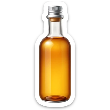 tall amber glass bottle with clean rounded shape and long neck, filled with warm golden-brown liquid, simple screw cap in silver or dark color, no label or branding, soft lighting, subtle shadows, emoji scale sticker