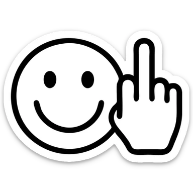 cheerful yellow smiley face with a raised middle finger hand beside it, minimal color icon style, outlined sticker