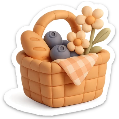 picnic basket with berries, bread, and flowers in warm pastel shades, cushion style sticker