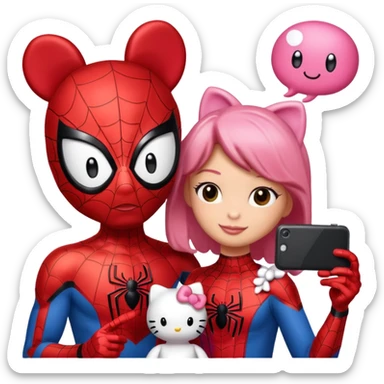 Spider man taking a selfie with hello kitty with the words “chelfie” in a thought bubble sticker