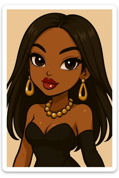 Remove the wink, keep both eyes open with a sassy attitude, headshot only, 20-year-old anime Bratz style woman with dark skin, straight hair, glamorous evening wear, big expressive eyes, glossy lips, no hat, no tears, confident and playful expression, in anime Bratz style. sticker