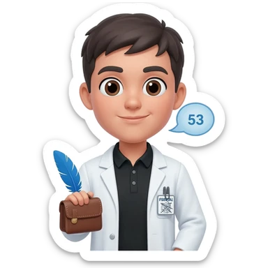 Hacer un emoji con bata, una bolsita que se alcance a ver una pluma azul, una polo color negro y un gafete que diga forense, la cara que sea androgena un poco femenina, cabello corto, que de su boca salga un globo de hablar que diga 53 sticker