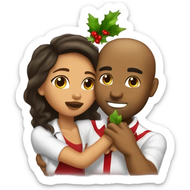 Puerto Rican girl kissing light skin man under a mistletoe sticker
