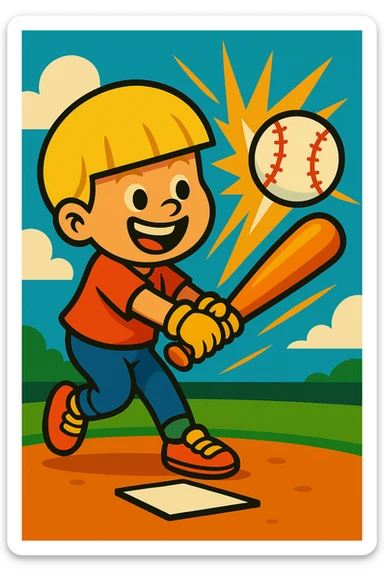 Change the boy's hair to blonde, keep the bowl cut, vibrant cartoon style, swinging a bat and hitting a baseball, home run moment, cheerful. sticker