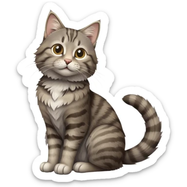 cinematic-[grey brown tabby cat]-realistic-full-body-sitting-emoji,-tail-curled-playfully-around-its-paws,-head-tilted-dramatically,-scruffy-[grey]-fur,-simplified-yet-realistic-focused-features,-highly-detailed,-glowing-with-an-almost-sarcastic-glow sticker