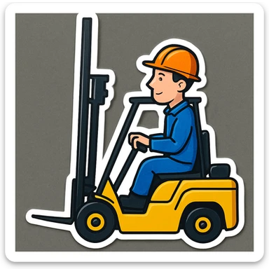 Add a driver to the forklift in a sticker style, cartoonish and bold with clear outlines and vibrant colors. sticker