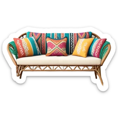 cozy bohemian living room with macrame wall hanging, plants, rattan furniture, and colorful cushions sticker
