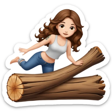 cute woman long wavy brown hair tattoos balancing on log sticker