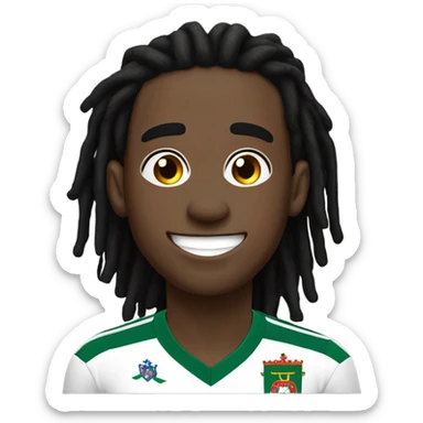  Young black man- very short black dread locks-  low eyebrows - big eyes - no facial hair laughing Portugal jersey lean crazy smile  sticker