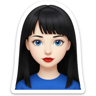 20 yr old woman long straight black hair, pale skin, blue eyes, red lipstick, black clothes, small smile, bangs sticker