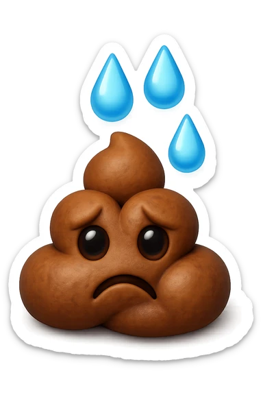 emoji stile iphone di una montagnetta di feci umane realistiche a palline tristi con sopra un simbolo delle gocce di acqua, iperrealistico 4k sticker