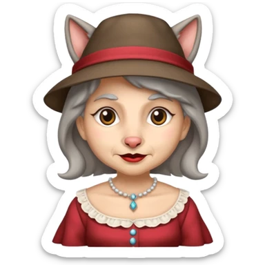 The big bad wolf is wearing Grandma's clothes and a hat, yet its face still looks like a wolf's. sticker