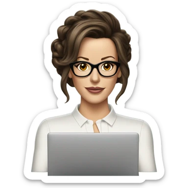 Kate Beckinsale, glasses, updo holding laptop sticker