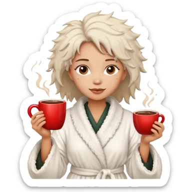 {
      "type": "human",
      "look": "fluffy robe woman, messy hair, holding cup of cocoa",
      "description": "a woman in a fluffy robe with messy hair, holding a cup of cocoa"
    } sticker