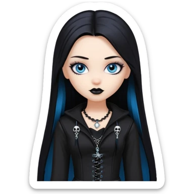 goth bratz baddie, beautiful blue eyes, long straight black hair, black gothic hair styled, black goth clothes sticker