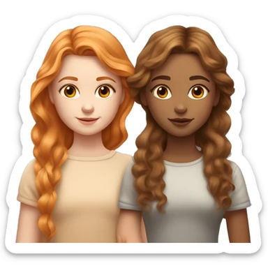 serene two girls. one has tan skin wavy brunette hair and the other has pale skin natural soft orange hair delicate fringe. standing together in gentle light. calm and content. hyper-realistic soft textures fine details glow on skin sticker