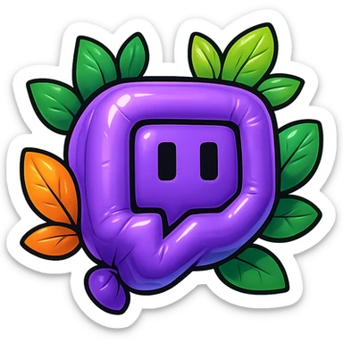 Extremely plump, soft, and rounded Twitch logo, cartoon style, thick black outline, expressive shadows, glossy highlights, surrounded by bright leaves, no background. Emphasize maximum puffiness and smoothness, matching the reference style. sticker