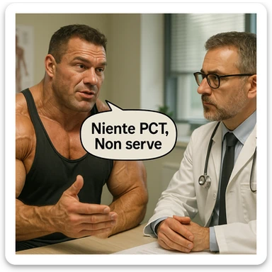 bodybuilder che dice ad una dottore "Niente PCT, Non serve", iper realistica sticker