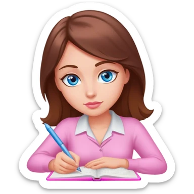 brown-haired, blue-eyed female writer writing a romance novel pink light sticker