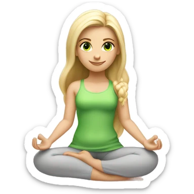 blonde long hair and green eyes yoga girl in light pink clothes sitting on a yoga mat sticker