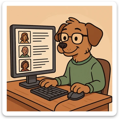 clever dog with glasses, sitting at a computer, reviewing candidate profiles, cartoon style, smart and approachable sticker