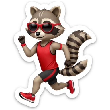 friendly anthropomorphised raccoon in sports wear, wearing dark sunglasses, jogging upright in standard pose sticker