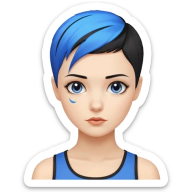 frau, kein kind freche extreme schwarze Kurzhaarfrisur eine Seite wirklich fast keine Haare andere Seite mit blauer Strähne kurze Seite noch viel kürzer sticker