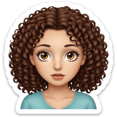 dark brown curly hair with dark brown eyes and too long lashes and some make up with freckle and light brown skin sticker