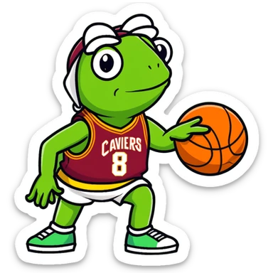 Kermit the Frog wearing a Cleveland Cavaliers #8 basketball jersey, cartoon style sticker