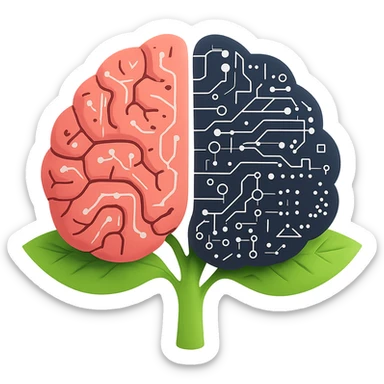 Add more machine learning elements such as neural network patterns, data flow, and algorithmic motifs, while maintaining the blend of natural resources and artificial intelligence. Remove the background to isolate the subject. sticker