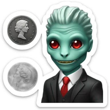 Aquamarine reptilian in classic black suite with red laser eyes on the platinum coin sticker