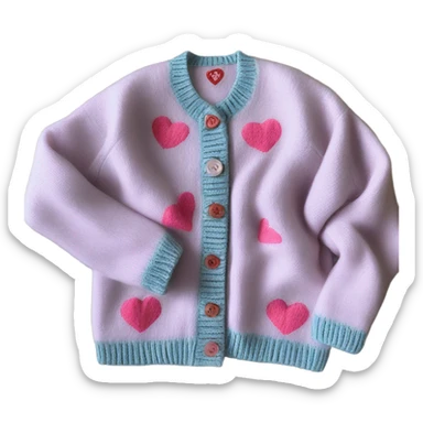 Sage oversize wool open short cardigan with pink heart-buttons, isolated sticker