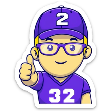 Man with black and white cap, purple sports jersey with number 32, clear glasses, light blond mullet hairstyle, thumbs up gesture, relaxed expression sticker