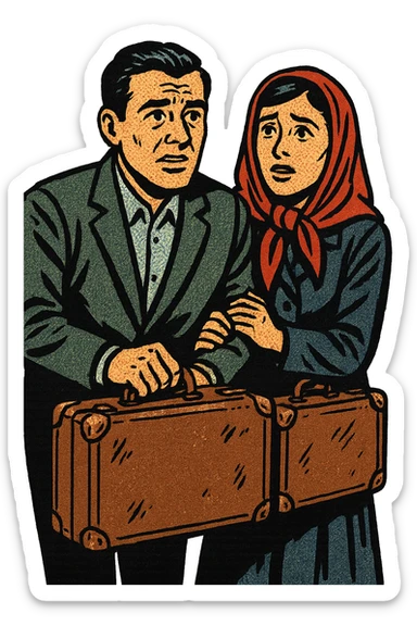 A refugee husband and wife from Eastern Europe in the 1950s both carrying a small old brown suitcase and looking hopeful and worried sticker