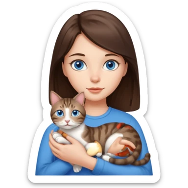 brunette girl with blue eyes holding a tabby cat sticker